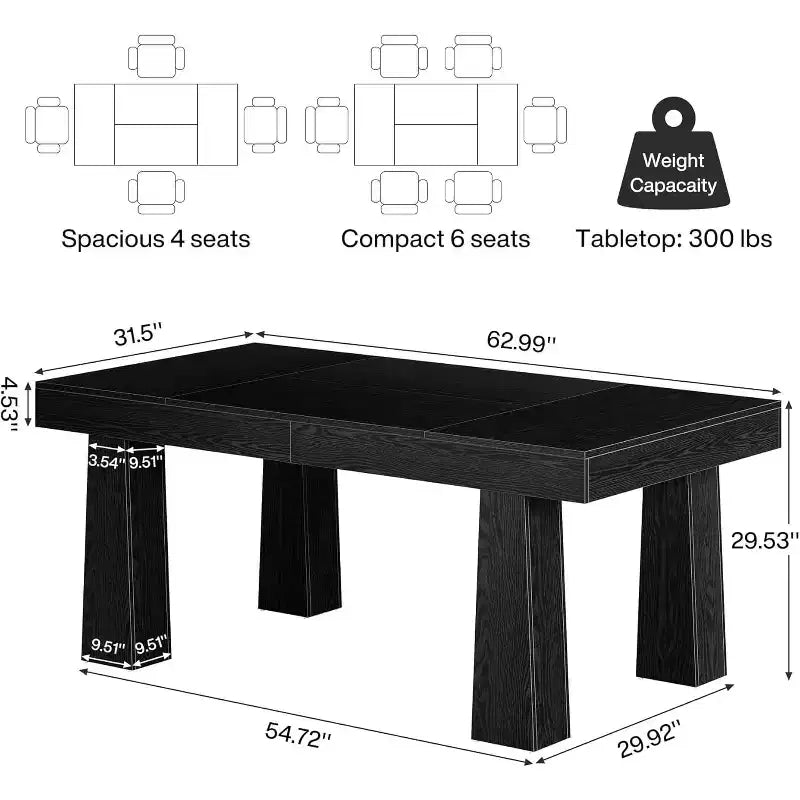 63" Modern Rectangular Dining Table with Heavy Duty Tapered Legs for Dining Room, Cafe, Restaurant