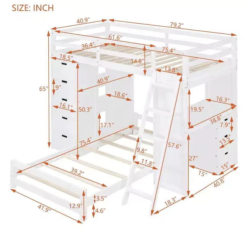 Twin over Twin Separable Bunk Beds with Desk, Drawers, USB Ports and LED Light for Kids & Teens