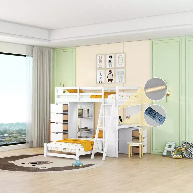 Twin over Twin Separable Bunk Beds with Desk, Drawers, USB Ports and LED Light for Kids & Teens