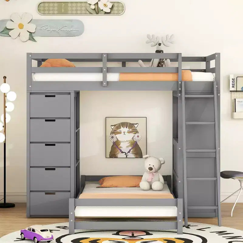 Twin over Twin Separable Bunk Beds with Desk, Drawers, USB Ports and LED Light for Kids & Teens