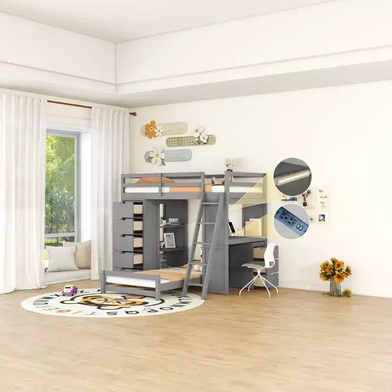 Twin over Twin Separable Bunk Beds with Desk, Drawers, USB Ports and LED Light for Kids & Teens