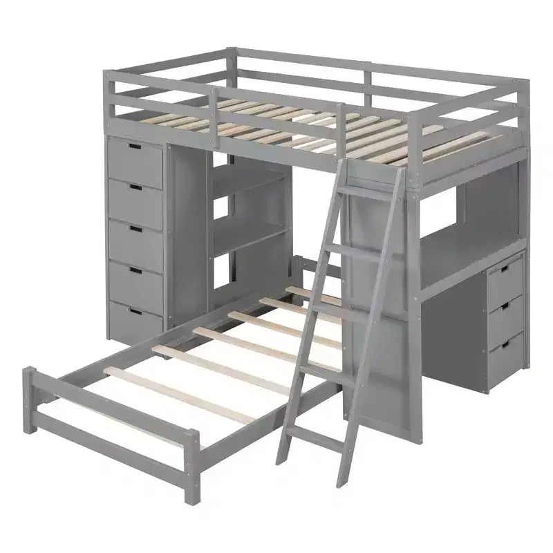Twin over Twin Separable Bunk Beds with Desk, Drawers, USB Ports and LED Light for Kids & Teens