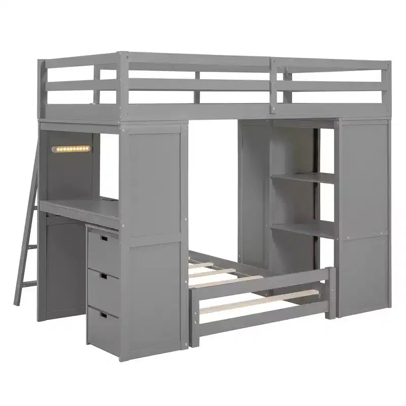 Twin over Twin Separable Bunk Beds with Desk, Drawers, USB Ports and LED Light for Kids & Teens