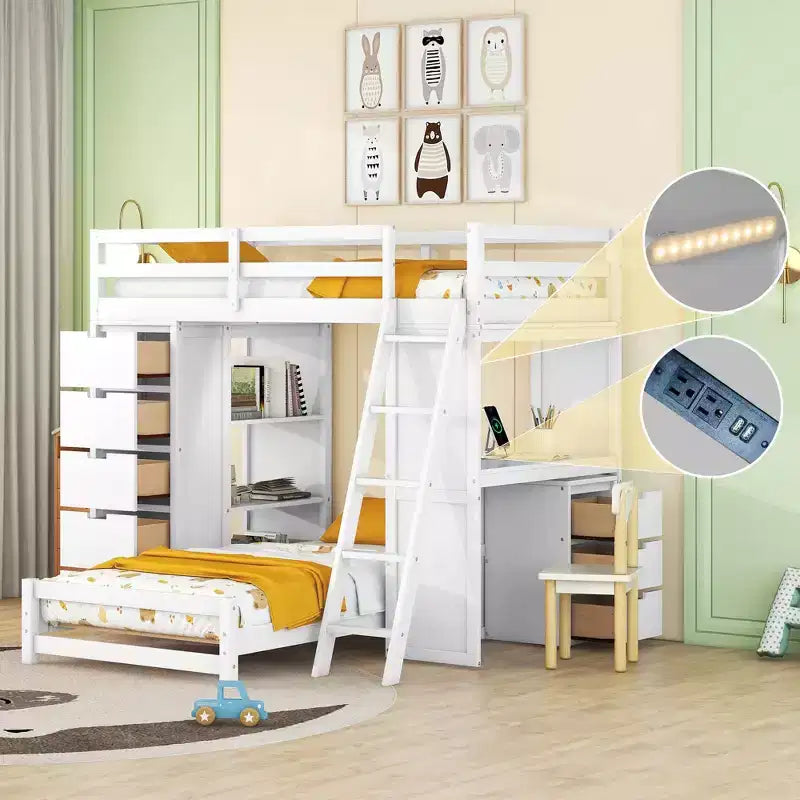 Twin over Twin Separable Bunk Beds with Desk, Drawers, USB Ports and LED Light for Kids & Teens