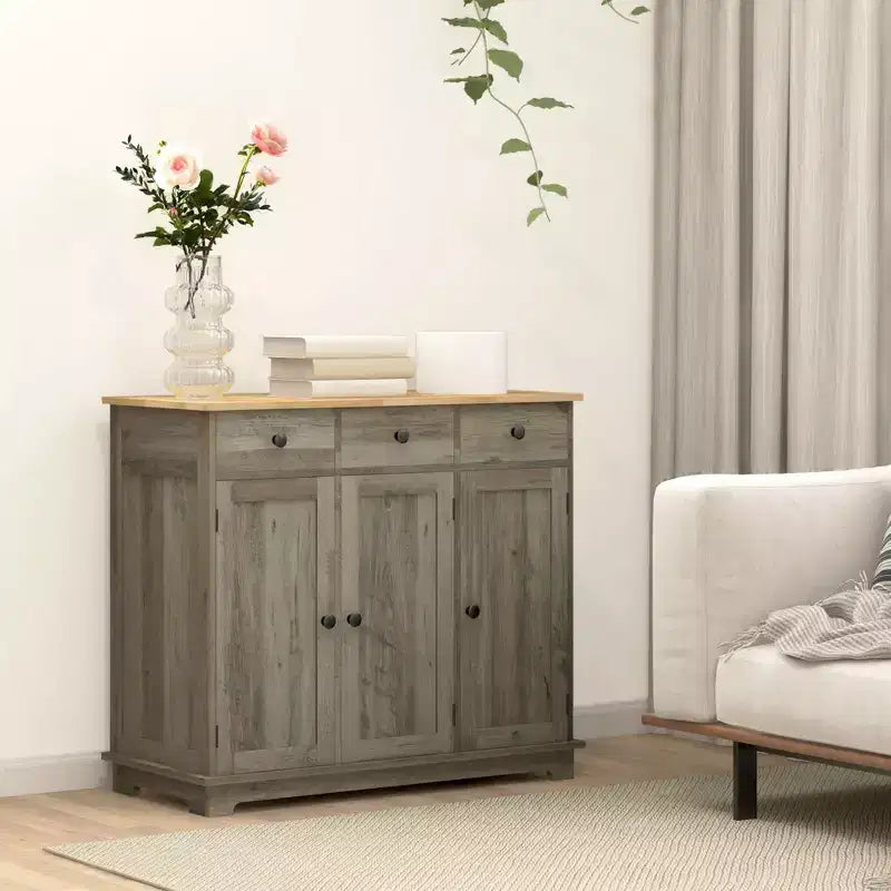 Sideboard Cabinet with Solid Wood Countertop, Adjustable Shelf & 3 Drawers, Bar Cabinet for Entryway, Living Room, Kitchen, Gray