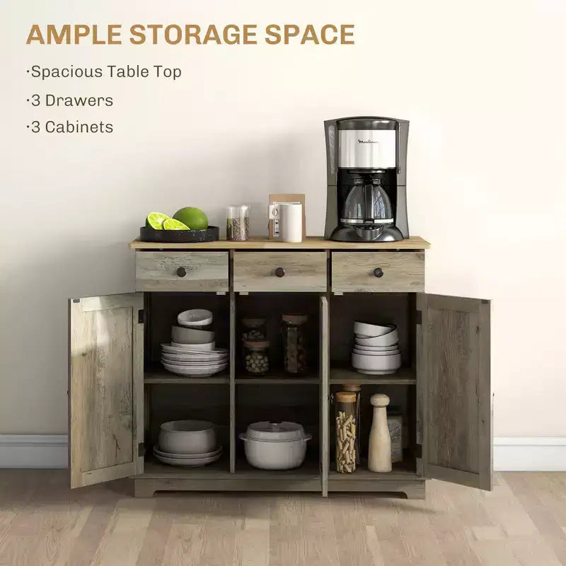 Sideboard Cabinet with Solid Wood Countertop, Adjustable Shelf & 3 Drawers, Bar Cabinet for Entryway, Living Room, Kitchen, Gray