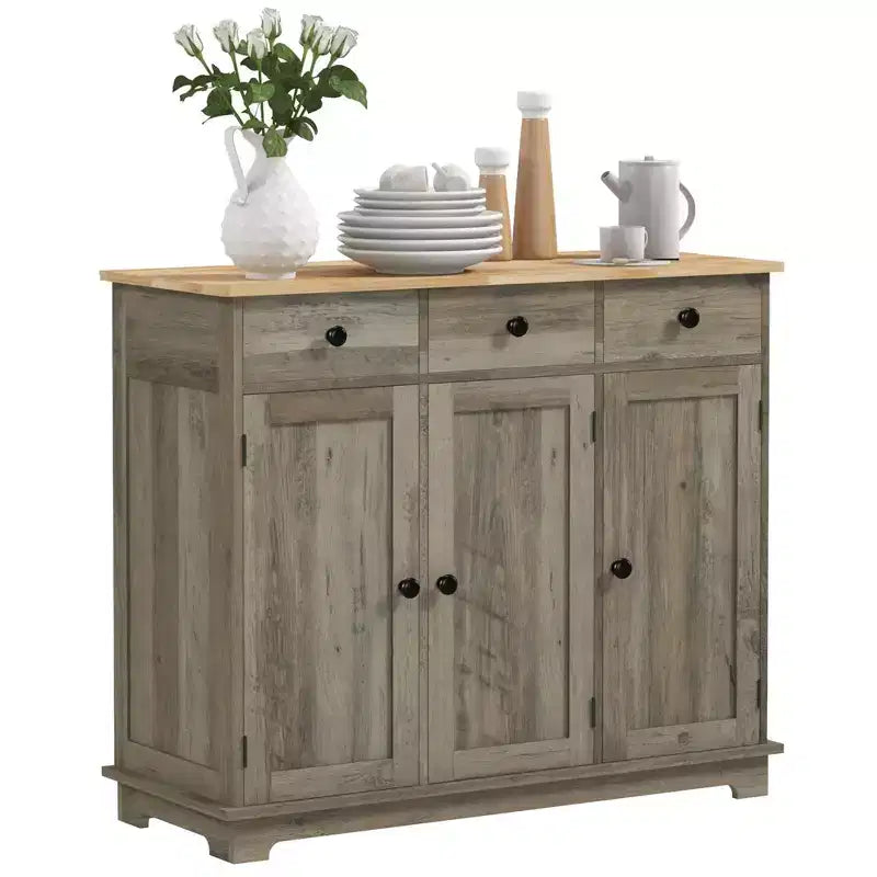 Sideboard Cabinet with Solid Wood Countertop, Adjustable Shelf & 3 Drawers, Bar Cabinet for Entryway, Living Room, Kitchen, Gray