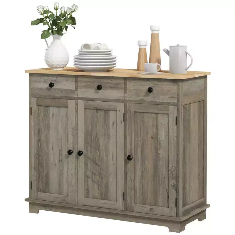 Sideboard Cabinet with Solid Wood Countertop, Adjustable Shelf & 3 Drawers, Bar Cabinet for Entryway, Living Room, Kitchen, Gray