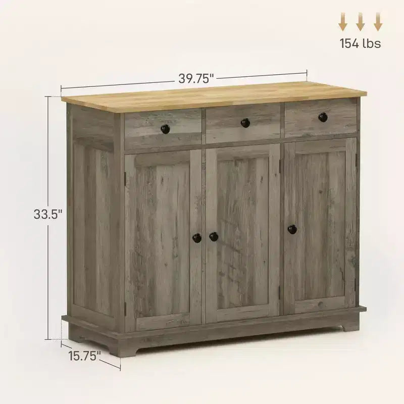 Sideboard Cabinet with Solid Wood Countertop, Adjustable Shelf & 3 Drawers, Bar Cabinet for Entryway, Living Room, Kitchen, Gray