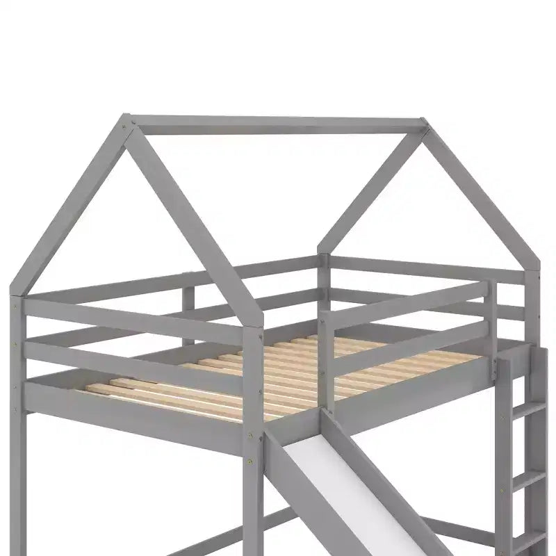 Twin over Twin Floor Bunk Bed with Slide, Ladder, Guardrail and Roofs for Girls Boys