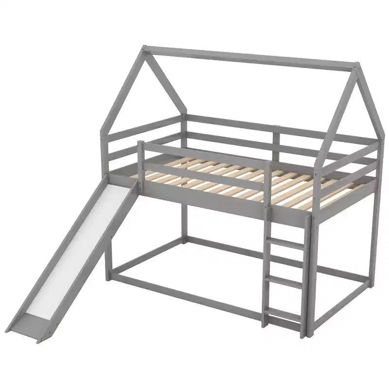 Twin over Twin Floor Bunk Bed with Slide, Ladder, Guardrail and Roofs for Girls Boys