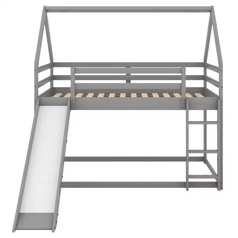Twin over Twin Floor Bunk Bed with Slide, Ladder, Guardrail and Roofs for Girls Boys
