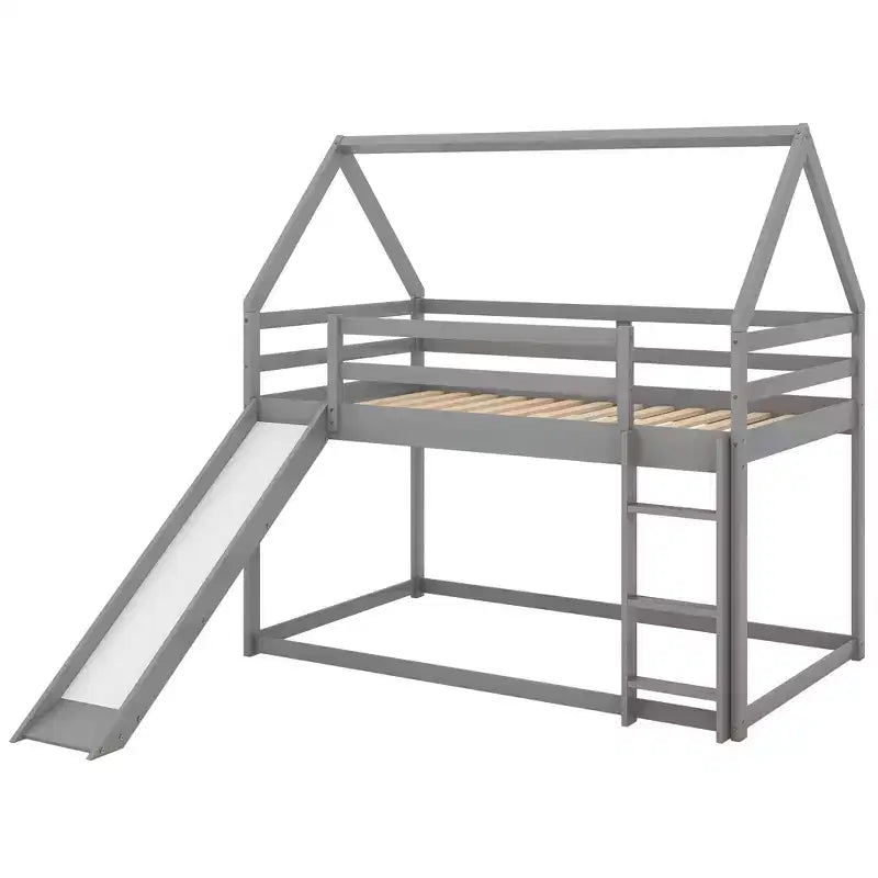 Twin over Twin Floor Bunk Bed with Slide, Ladder, Guardrail and Roofs for Girls Boys