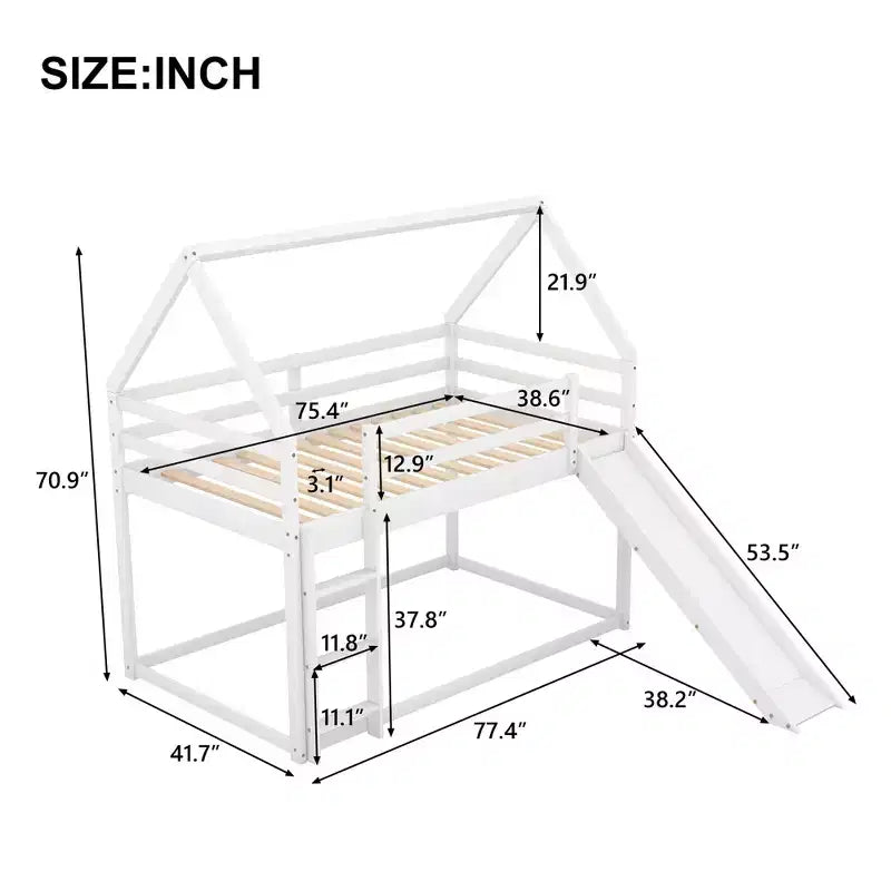 Twin over Twin Floor Bunk Bed with Slide, Ladder, Guardrail and Roofs for Girls Boys