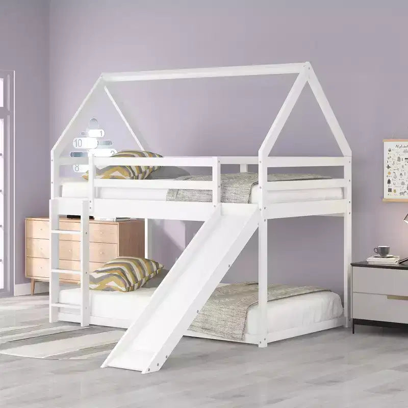Twin over Twin Floor Bunk Bed with Slide, Ladder, Guardrail and Roofs for Girls Boys