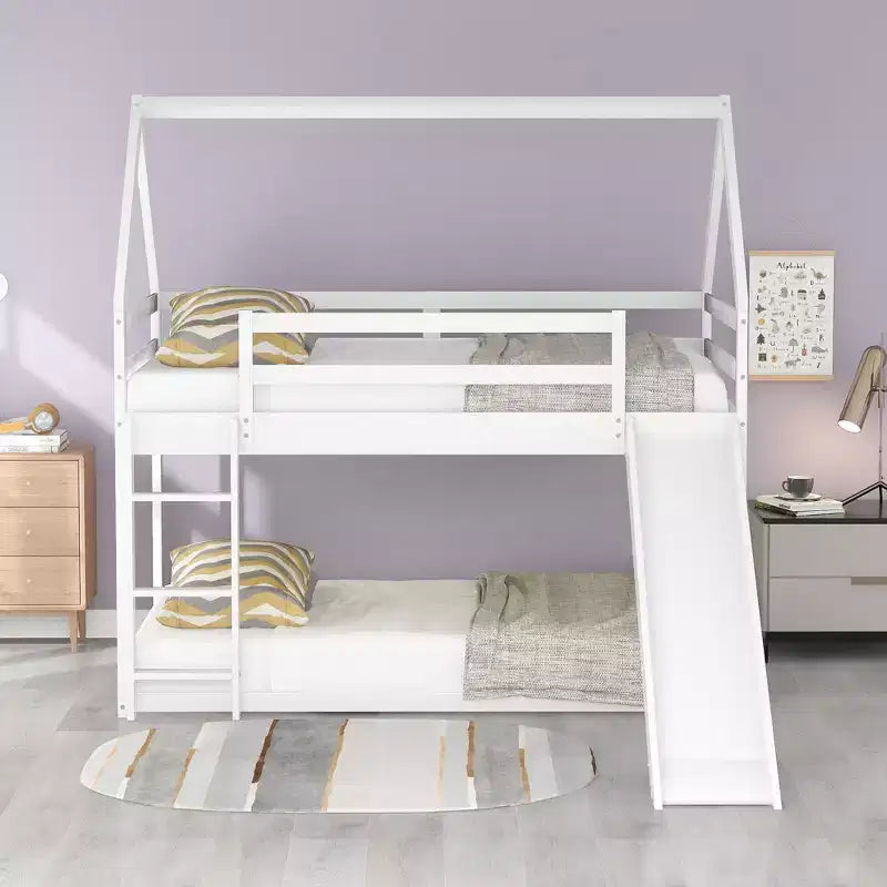 Twin over Twin Floor Bunk Bed with Slide, Ladder, Guardrail and Roofs for Girls Boys