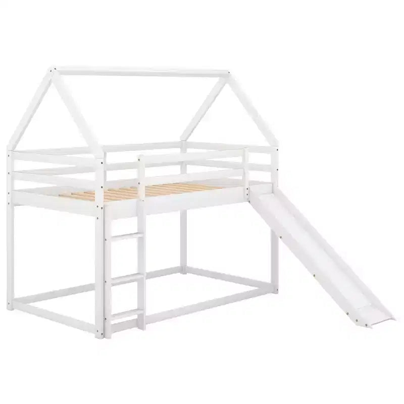 Twin over Twin Floor Bunk Bed with Slide, Ladder, Guardrail and Roofs for Girls Boys