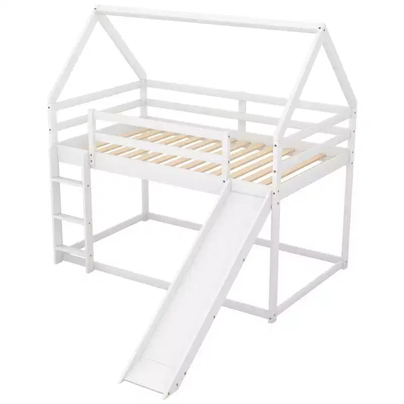 Twin over Twin Floor Bunk Bed with Slide, Ladder, Guardrail and Roofs for Girls Boys