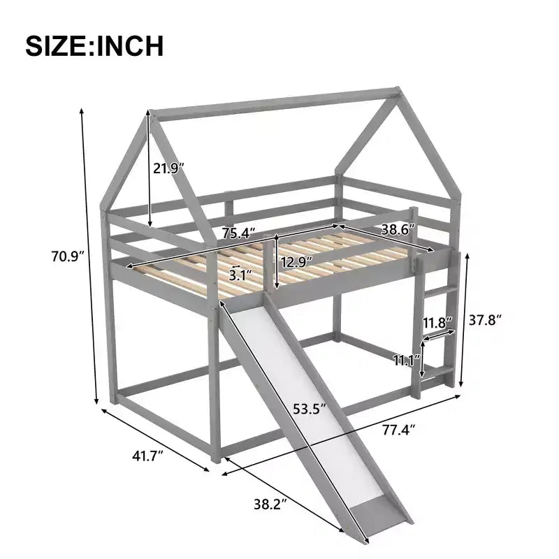 Twin over Twin Floor Bunk Bed with Slide, Ladder, Guardrail and Roofs for Girls Boys