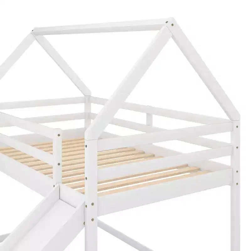 Twin over Twin Floor Bunk Bed with Slide, Ladder, Guardrail and Roofs for Girls Boys