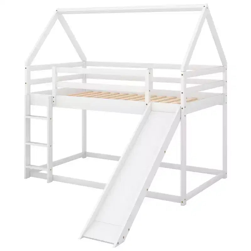 Twin over Twin Floor Bunk Bed with Slide, Ladder, Guardrail and Roofs for Girls Boys