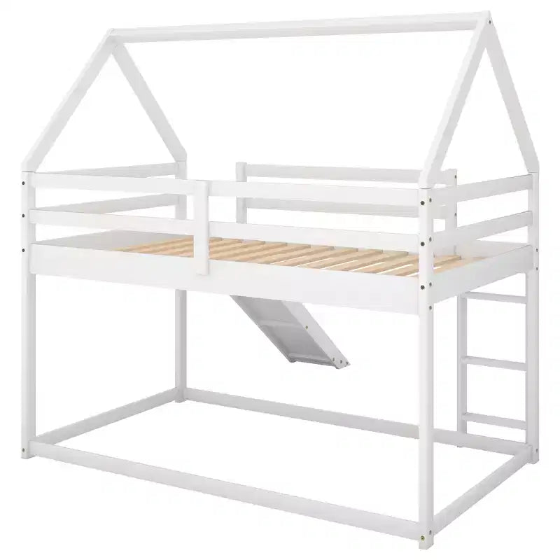 Twin over Twin Floor Bunk Bed with Slide, Ladder, Guardrail and Roofs for Girls Boys
