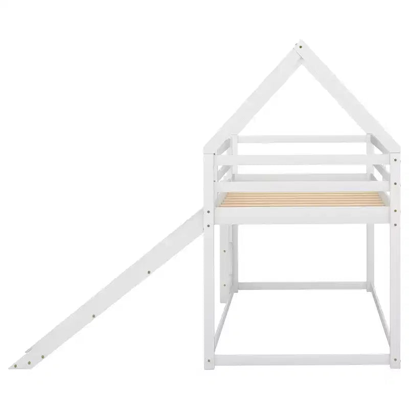 Twin over Twin Floor Bunk Bed with Slide, Ladder, Guardrail and Roofs for Girls Boys