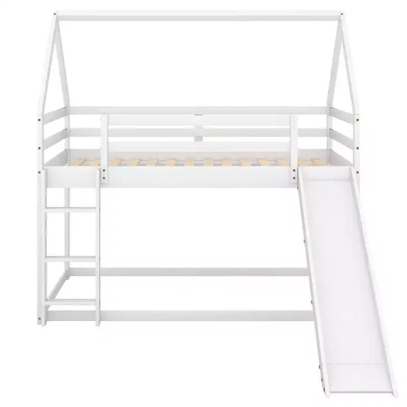 Twin over Twin Floor Bunk Bed with Slide, Ladder, Guardrail and Roofs for Girls Boys