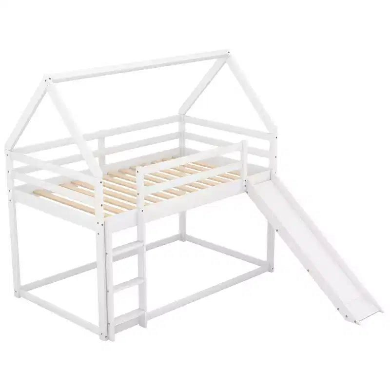 Twin over Twin Floor Bunk Bed with Slide, Ladder, Guardrail and Roofs for Girls Boys