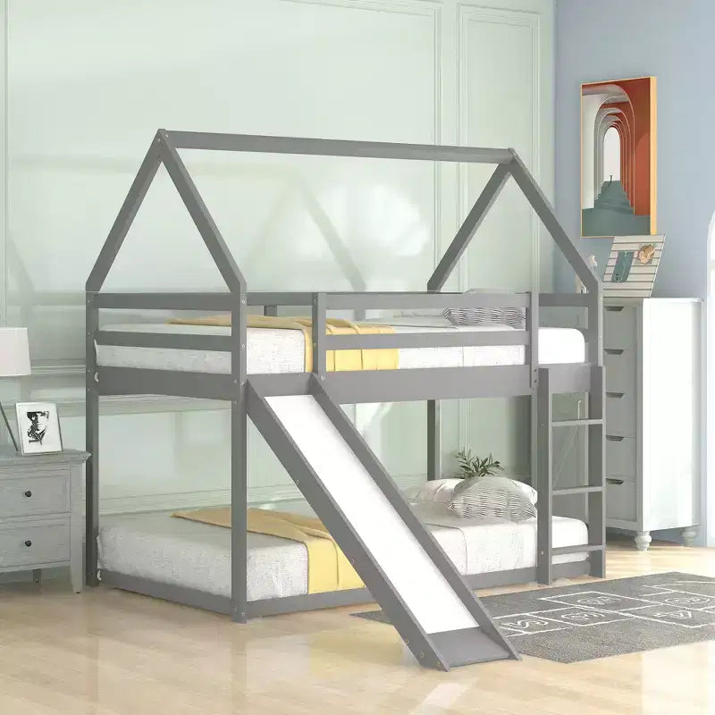 Twin over Twin Floor Bunk Bed with Slide, Ladder, Guardrail and Roofs for Girls Boys