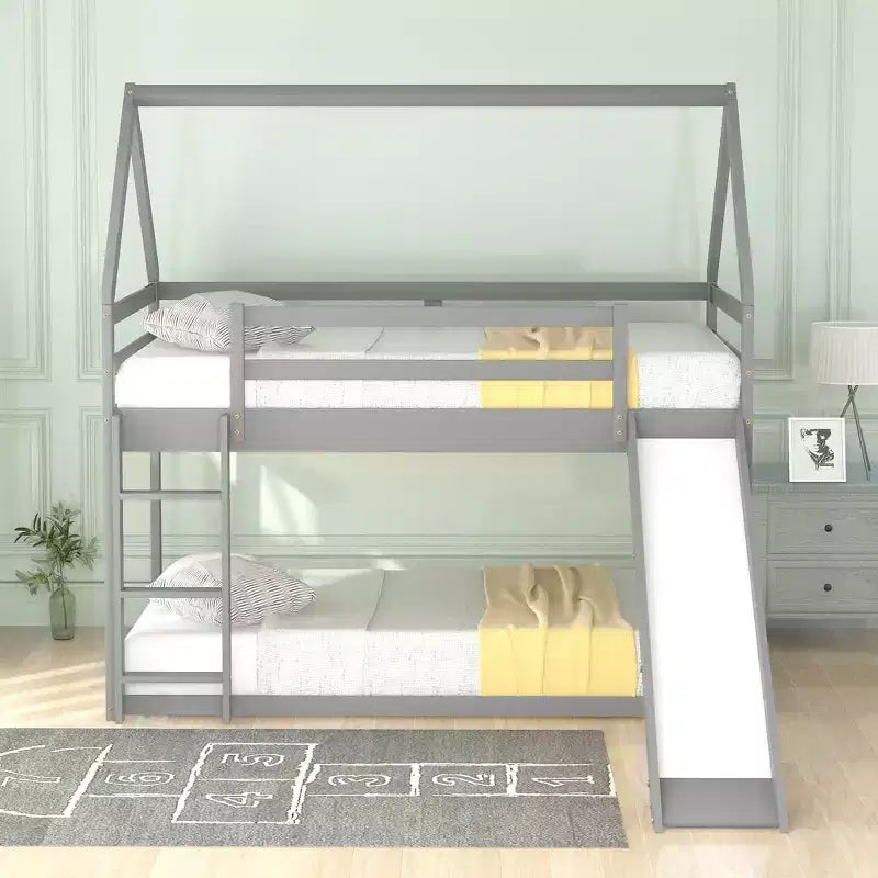 Twin over Twin Floor Bunk Bed with Slide, Ladder, Guardrail and Roofs for Girls Boys