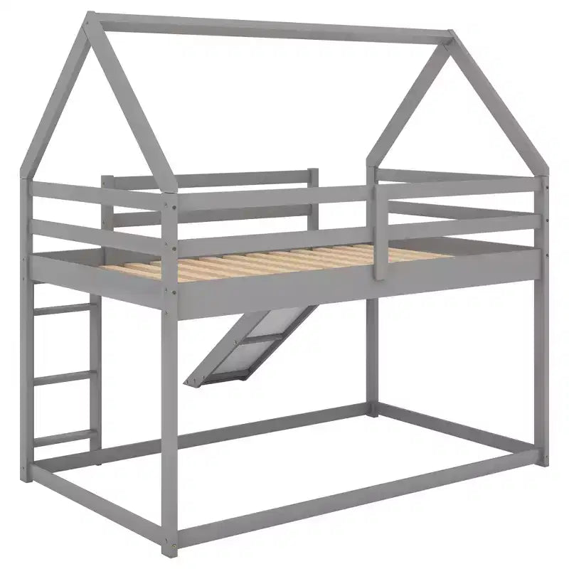 Twin over Twin Floor Bunk Bed with Slide, Ladder, Guardrail and Roofs for Girls Boys