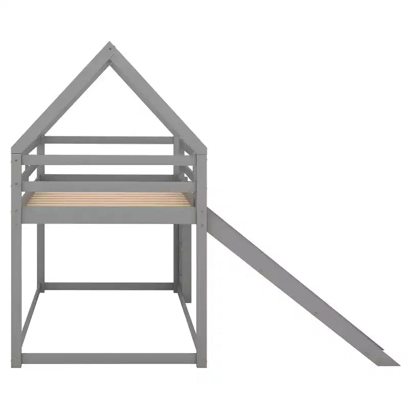 Twin over Twin Floor Bunk Bed with Slide, Ladder, Guardrail and Roofs for Girls Boys