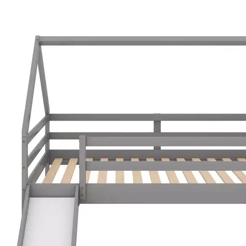 Twin over Twin Floor Bunk Bed with Slide, Ladder, Guardrail and Roofs for Girls Boys