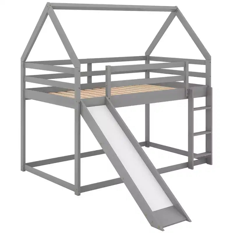 Twin over Twin Floor Bunk Bed with Slide, Ladder, Guardrail and Roofs for Girls Boys