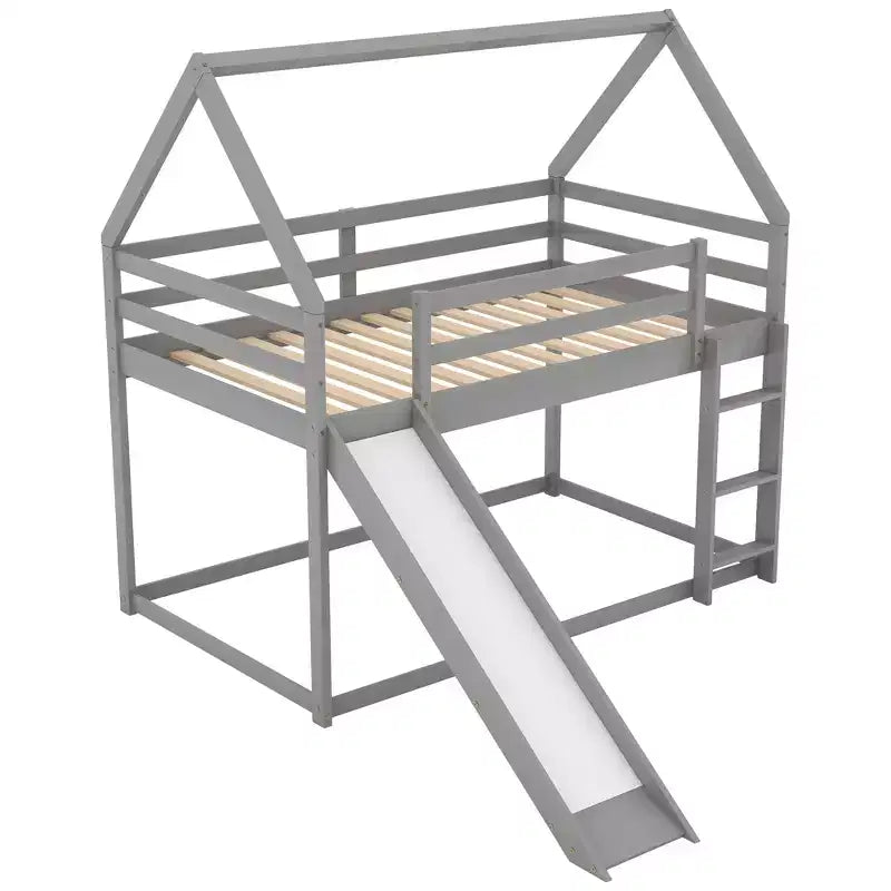 Twin over Twin Floor Bunk Bed with Slide, Ladder, Guardrail and Roofs for Girls Boys