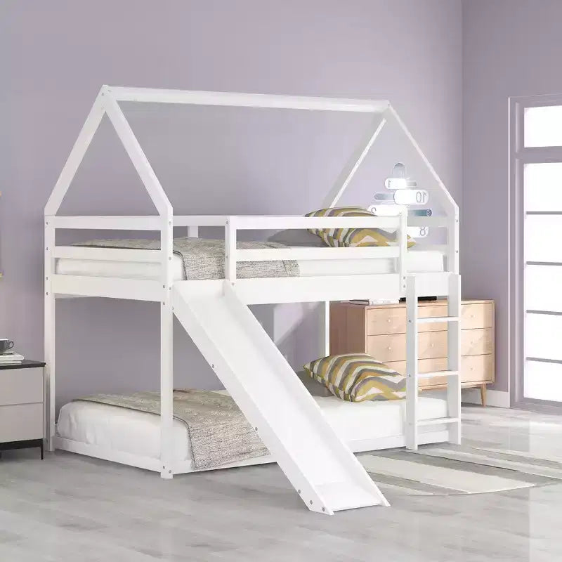 Twin over Twin Floor Bunk Bed with Slide, Ladder, Guardrail and Roofs for Girls Boys