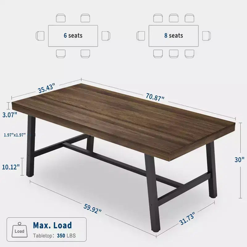 Industrial Dining Table for 6-8 People, 70.87" Long Wooden Kitchen Table with Sturdy Metal Frame & Rustic Brown Finish