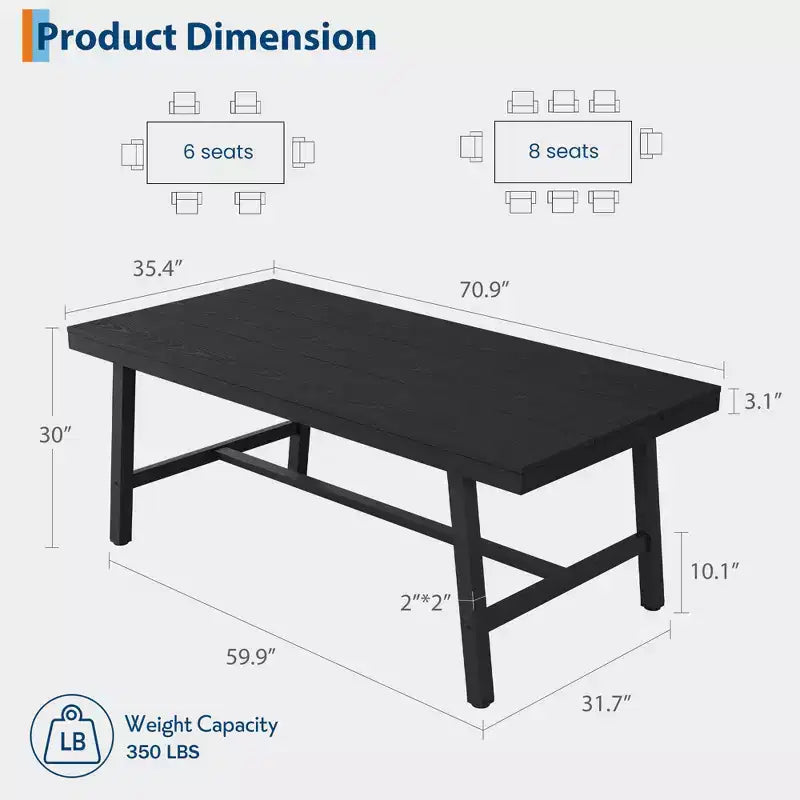 Industrial Dining Table for 6-8 People, 70.87" Long Wooden Kitchen Table with Sturdy Metal Frame & Rustic Brown Finish