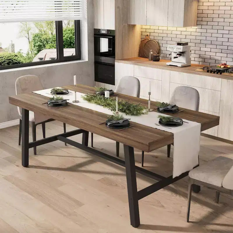 Industrial Dining Table for 6-8 People, 70.87" Long Wooden Kitchen Table with Sturdy Metal Frame & Rustic Brown Finish