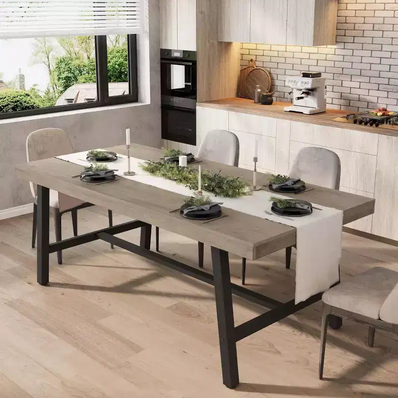 Industrial Dining Table for 6-8 People, 70.87" Long Wooden Kitchen Table with Sturdy Metal Frame & Rustic Brown Finish