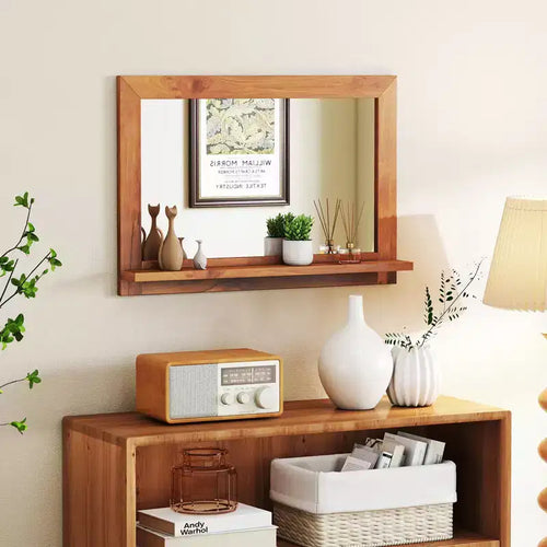 27.5 x 20 Inch Rectangle Farmhouse Wall Mirror with Shelf, Natural Teak Wood
