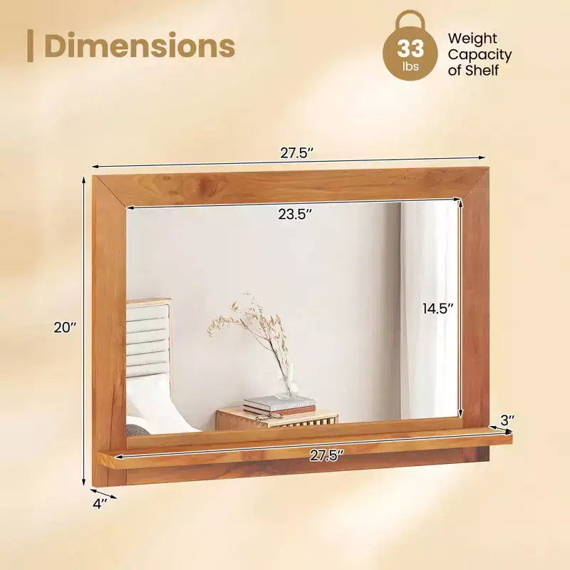 27.5 x 20 Inch Rectangle Farmhouse Wall Mirror with Shelf, Natural Teak Wood