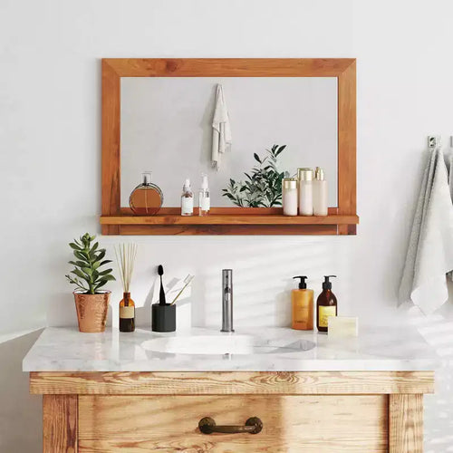 Miroir mural rectangulaire de ferme avec étagère, 27,5 x 20 pouces, en bois de teck naturel