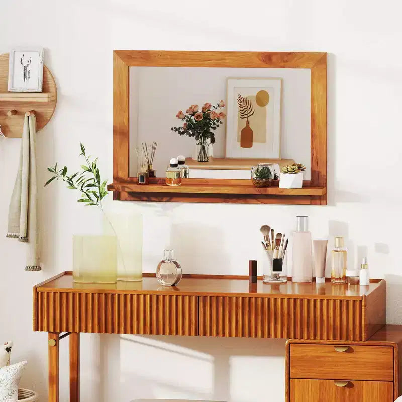 27.5 x 20 Inch Rectangle Farmhouse Wall Mirror with Shelf, Natural Teak Wood