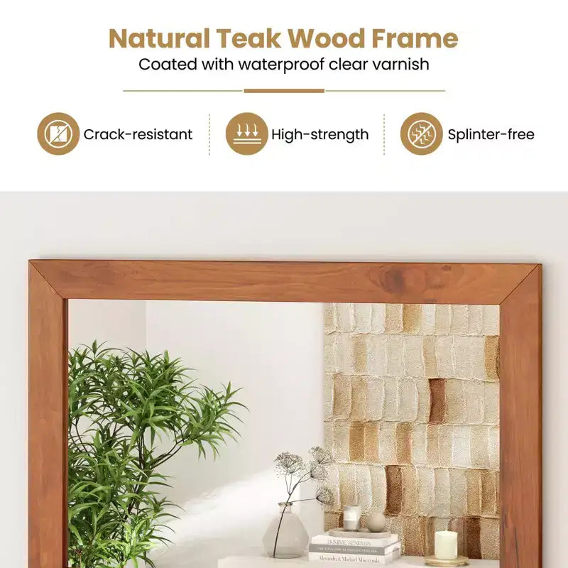 27.5 x 20 Inch Rectangle Farmhouse Wall Mirror with Shelf, Natural Teak Wood
