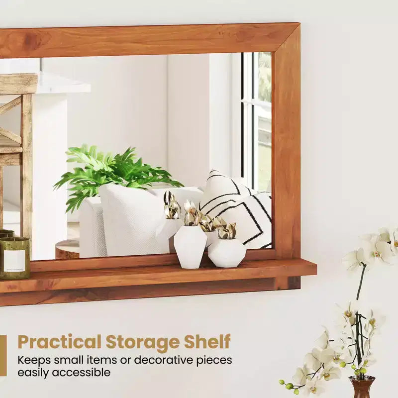 27.5 x 20 Inch Rectangle Farmhouse Wall Mirror with Shelf, Natural Teak Wood