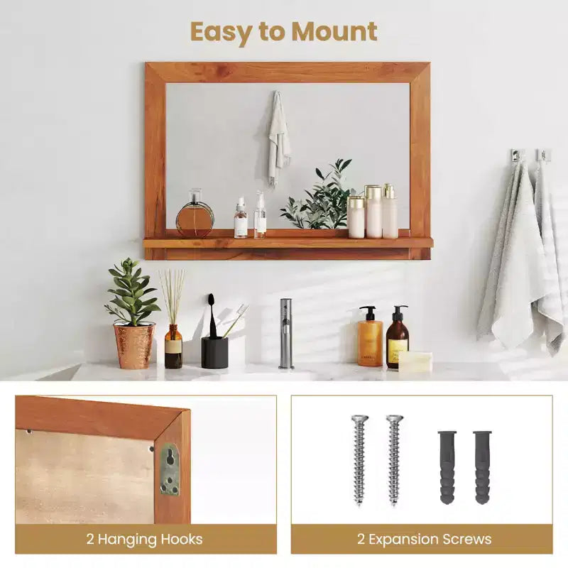 27.5 x 20 Inch Rectangle Farmhouse Wall Mirror with Shelf, Natural Teak Wood