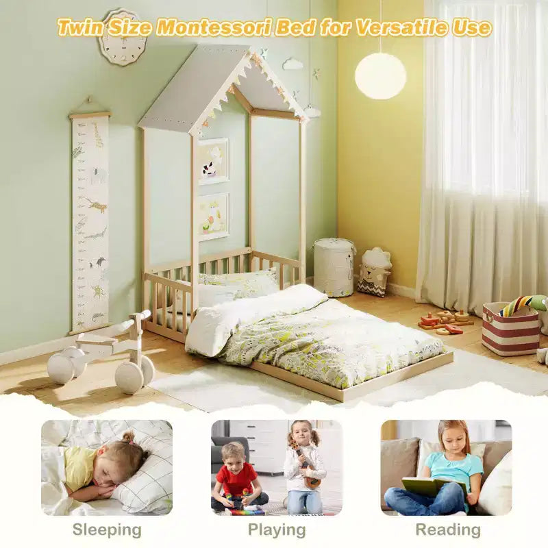 Twin Size House Bed Montessori Floor Bed with House Shape Roof & Semi-Fence, Natural/White/Gray