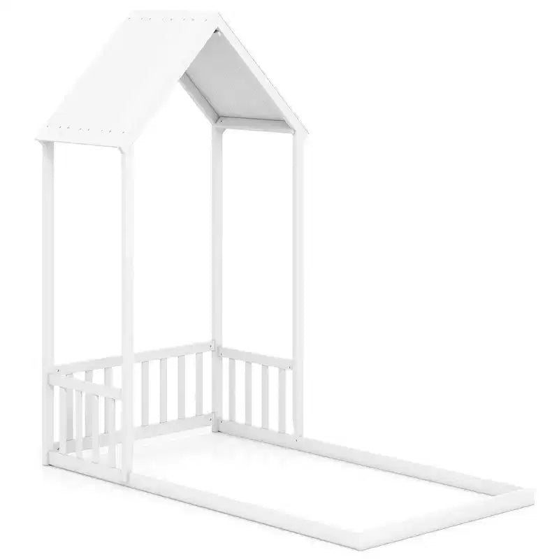 Twin Size House Bed Montessori Floor Bed with House Shape Roof & Semi-Fence, Natural/White/Gray